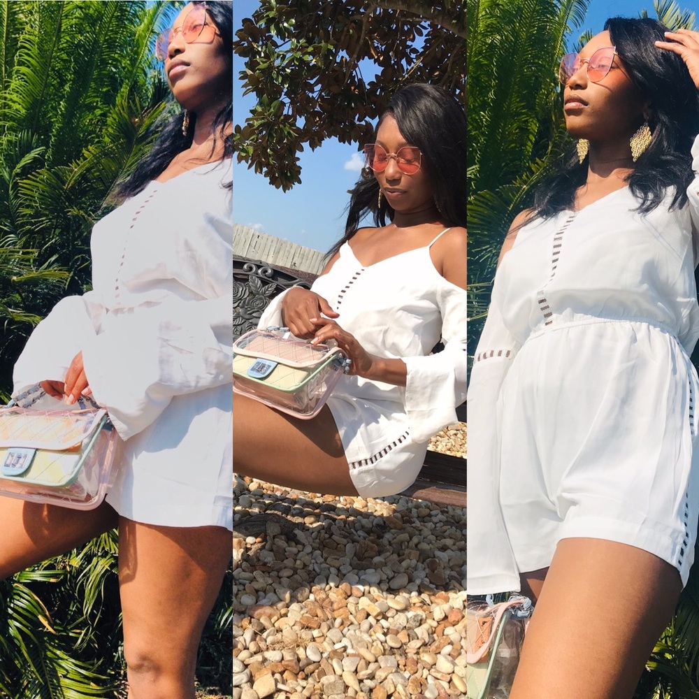 Beautiful white romper and mulit-colored handbag